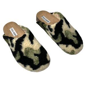 Steve Madden Womens Camo Faux Fur Cork Footbed Mules Size 9 house shoes